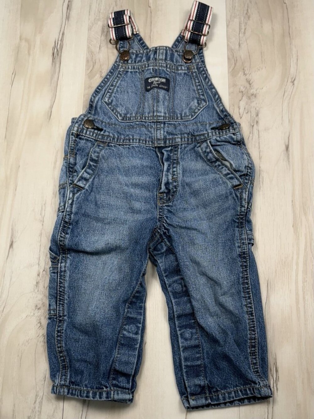 OSHKOSH B'GOSH Kids 9-12M Denim OVERALLS Striped Canvas Straps Conductor EUC